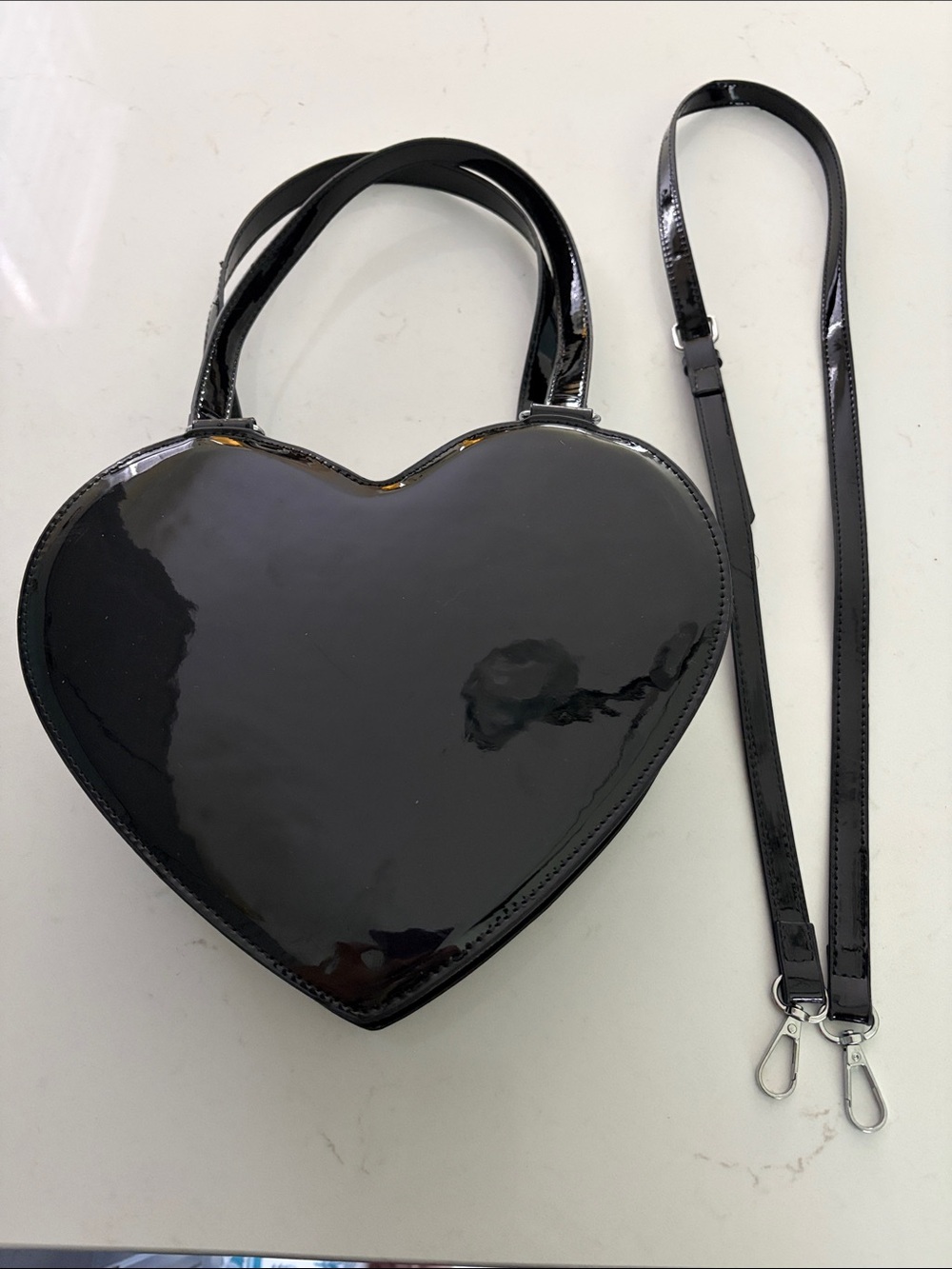 Patent Heart Crossbody Bag in Black and Pink with Silver Charms - Picture 2 of 9